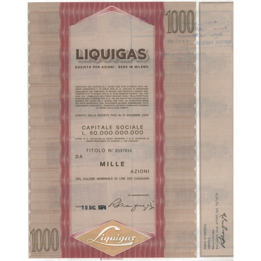 LIQUIGAS - 1000 AZIONI MILANO 1974