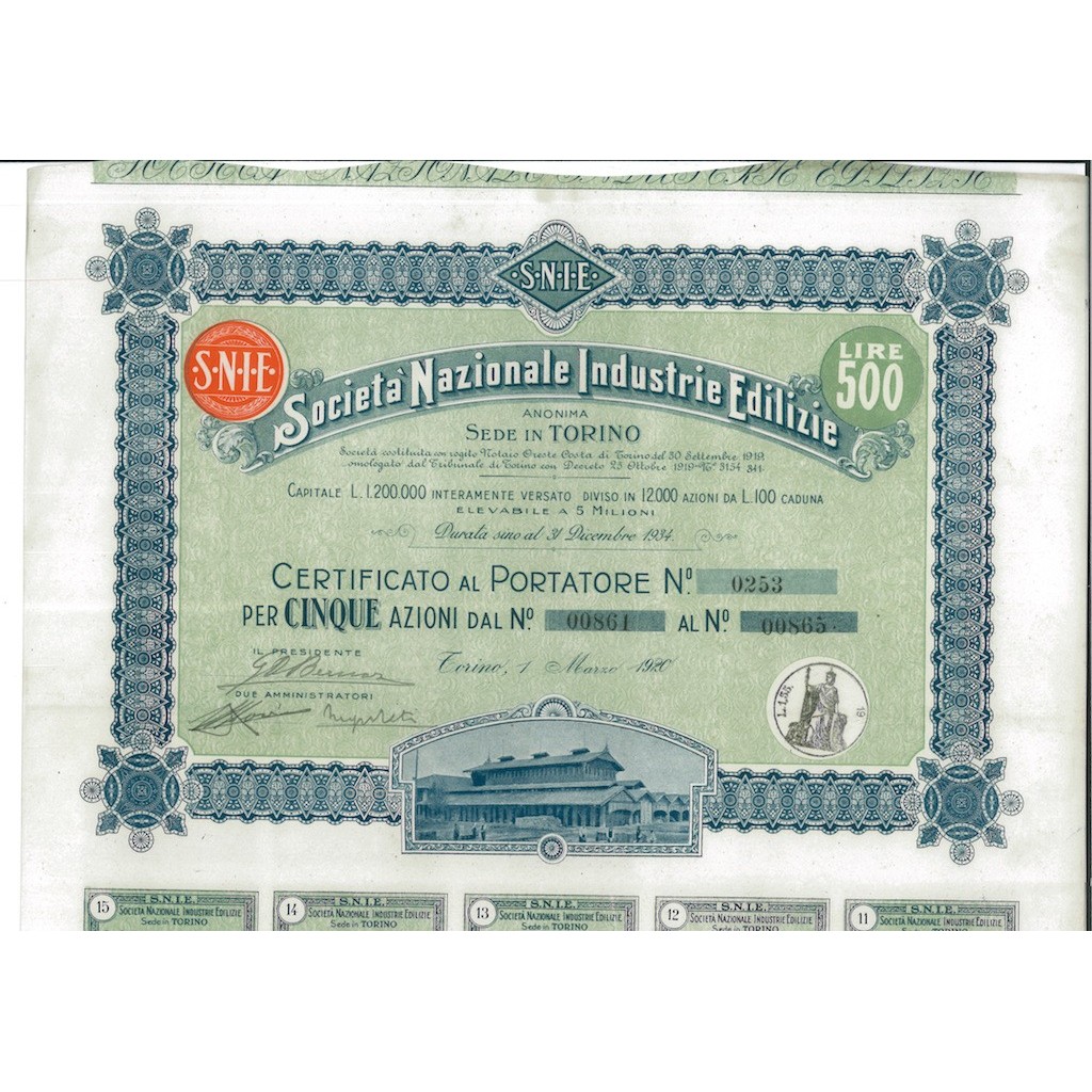 SOC. NAZIONALE INDUSTRIE EDILIZIE 5 AZIONI TORINO 1920