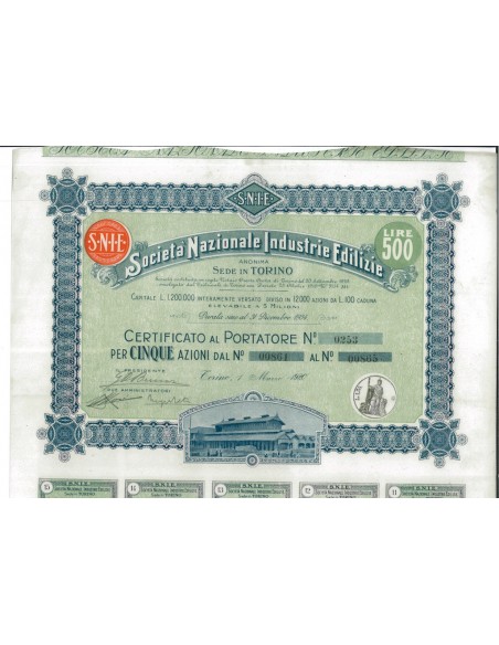 SOC. NAZIONALE INDUSTRIE EDILIZIE 5 AZIONI TORINO 1920