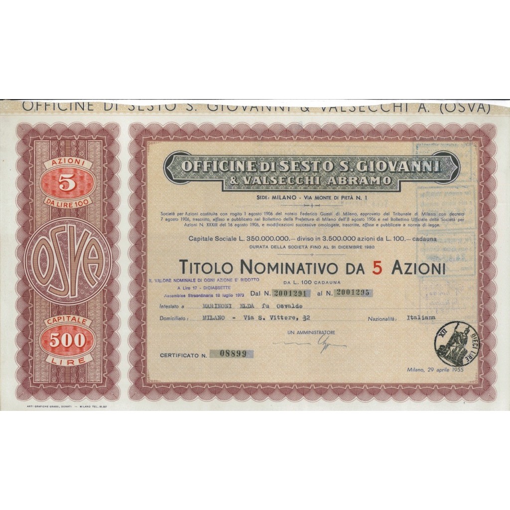 OFF. DI SESTO S. GIOVANNI E VALSECCHI A. 5 AZIONI MILANO 1955