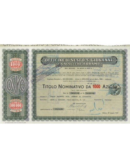 OFF. DI SESTO S. GIOVANNI E VALSECCHI A. 1000 AZIONI MILANO 1950