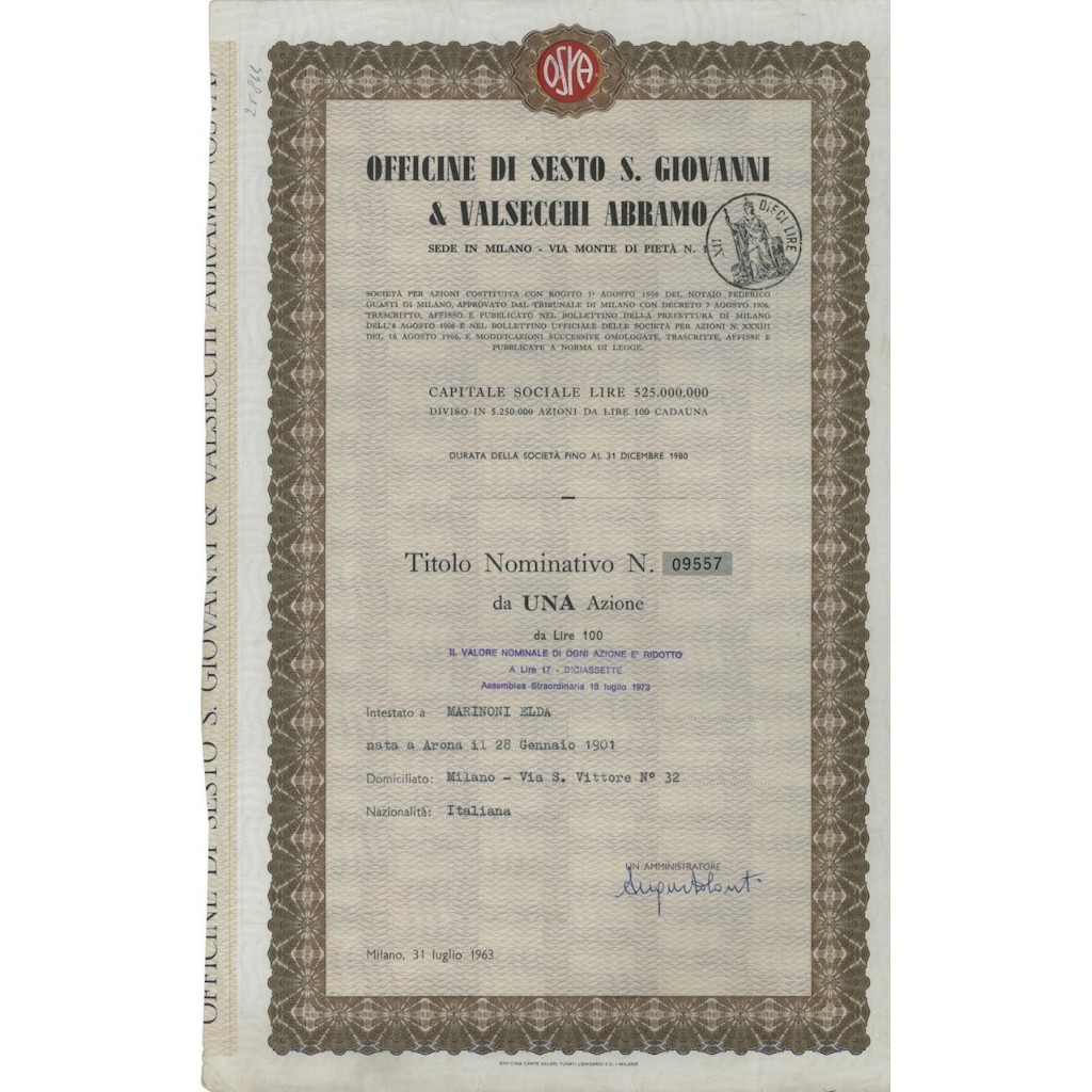 OFF. DI SESTO S. GIOVANNI E VALSECCHI A. 1 AZIONE MILANO 1963