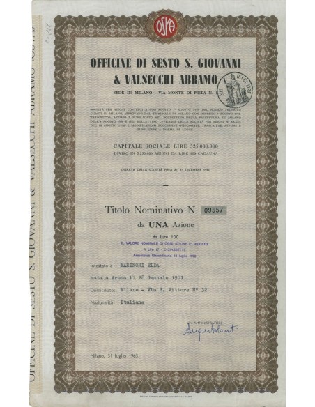 OFF. DI SESTO S. GIOVANNI E VALSECCHI A. 1 AZIONE MILANO 1963