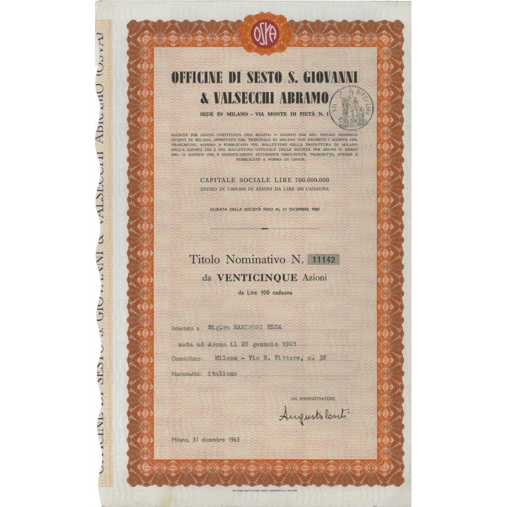 OFF. DI SESTO S. GIOVANNI E VALSECCHI A. 25 AZIONE MILANO 1963