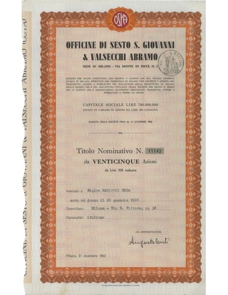 OFF. DI SESTO S. GIOVANNI E VALSECCHI A. 25 AZIONE MILANO 1963