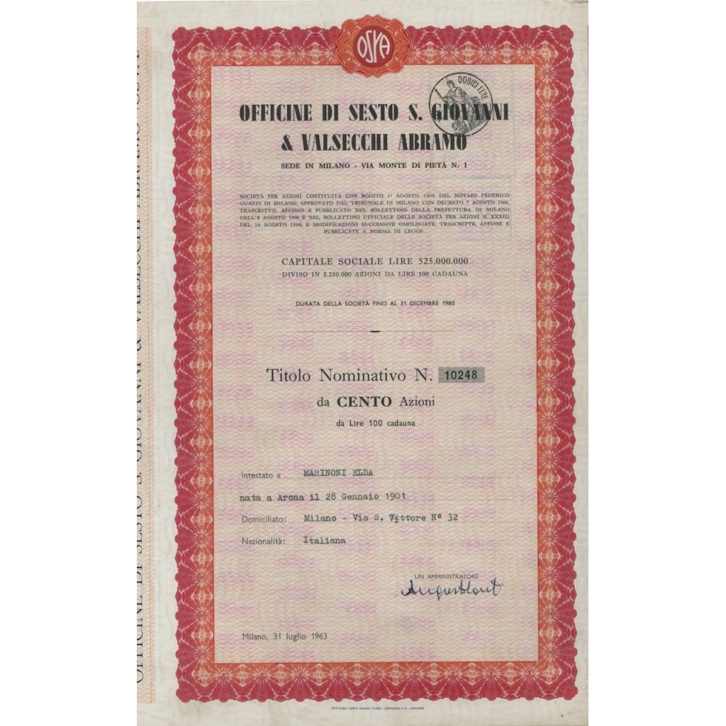 OFF. DI SESTO S. GIOVANNI E VALSECCHI A. 100 AZIONI MILANO 1963