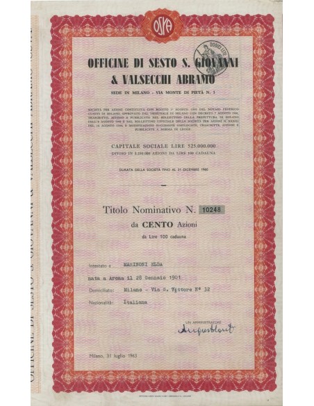 OFF. DI SESTO S. GIOVANNI E VALSECCHI A. 100 AZIONI MILANO 1963
