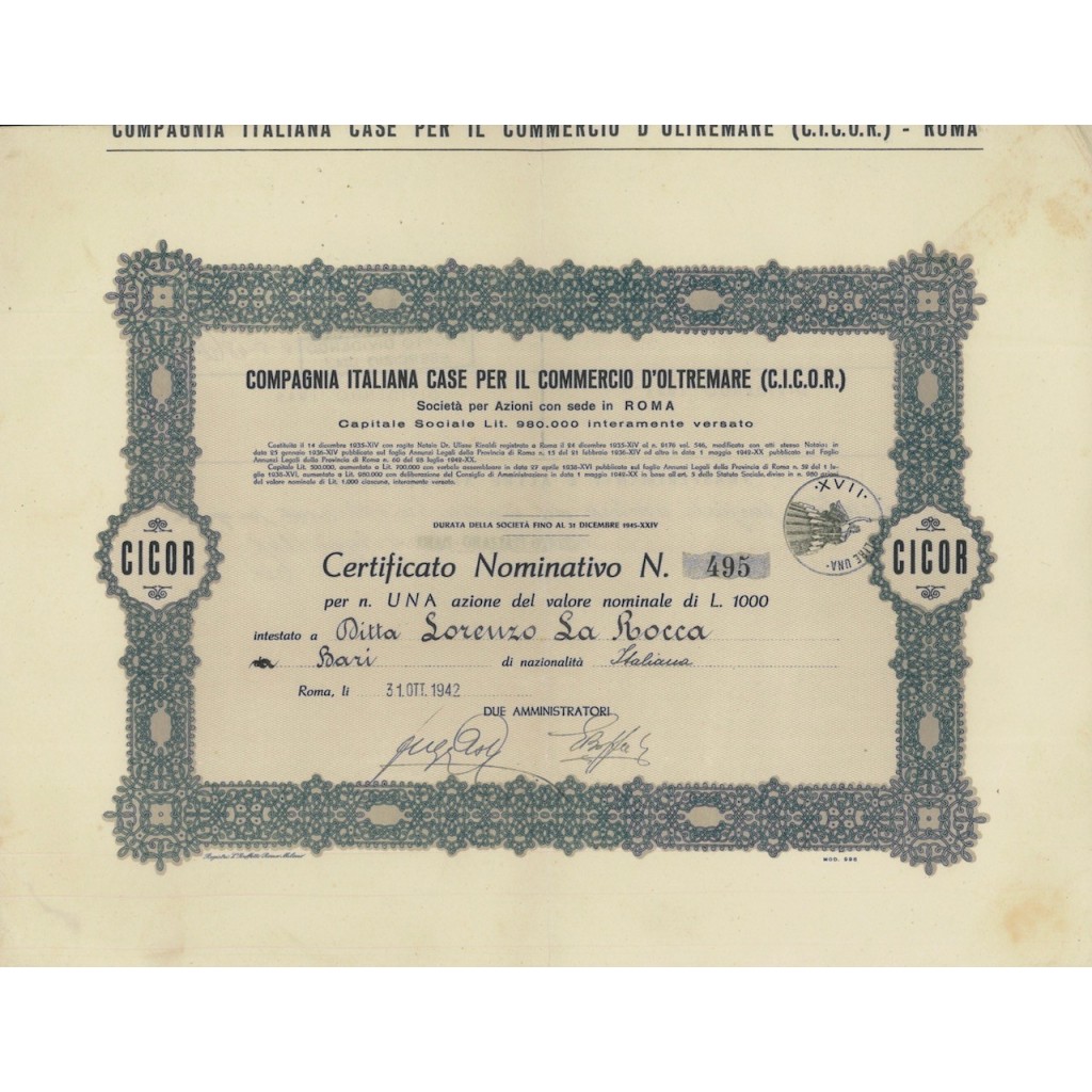 COMP. ITA. CASE PER IL COM. D'OLTREMARE CICOR - 1 AZIONE ROMA 1942