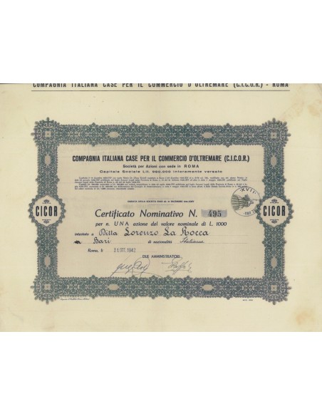 COMP. ITA. CASE PER IL COM. D'OLTREMARE CICOR - 1 AZIONE ROMA 1942