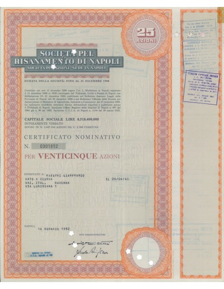 SOCIETÀ PEL RISANAMENTO DI NAPOLI 25 AZIONI NAPOLI 1975