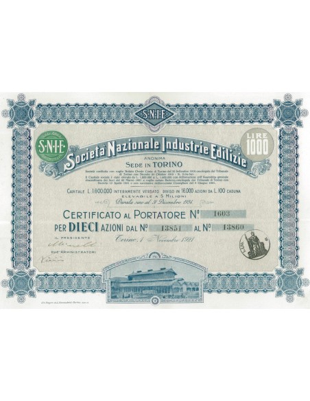SOC. NAZIONALE INDUSTRIE EDILIZIE 10 AZIONI TORINO 1921
