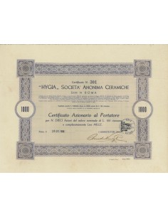 HYGIA SOC. ANON. CERAMICHE - 10 AZIONI ROMA 1938