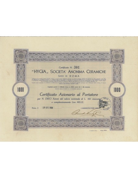 HYGIA SOC. ANON. CERAMICHE - 10 AZIONI ROMA 1938