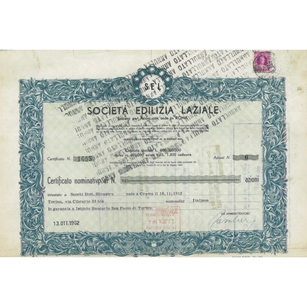 SOC. EDILIZIA LAZIALE - 6 AZIONI ROMA 1962