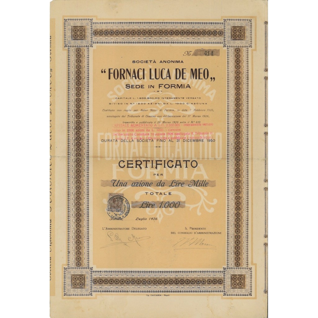 FORNACI LUCA DE MEO SOC. ANON. - 1 AZIONE FORMIA 1926