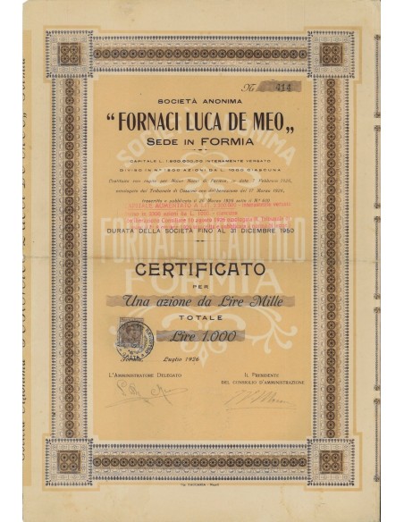 FORNACI LUCA DE MEO SOC. ANON. - 1 AZIONE FORMIA 1926