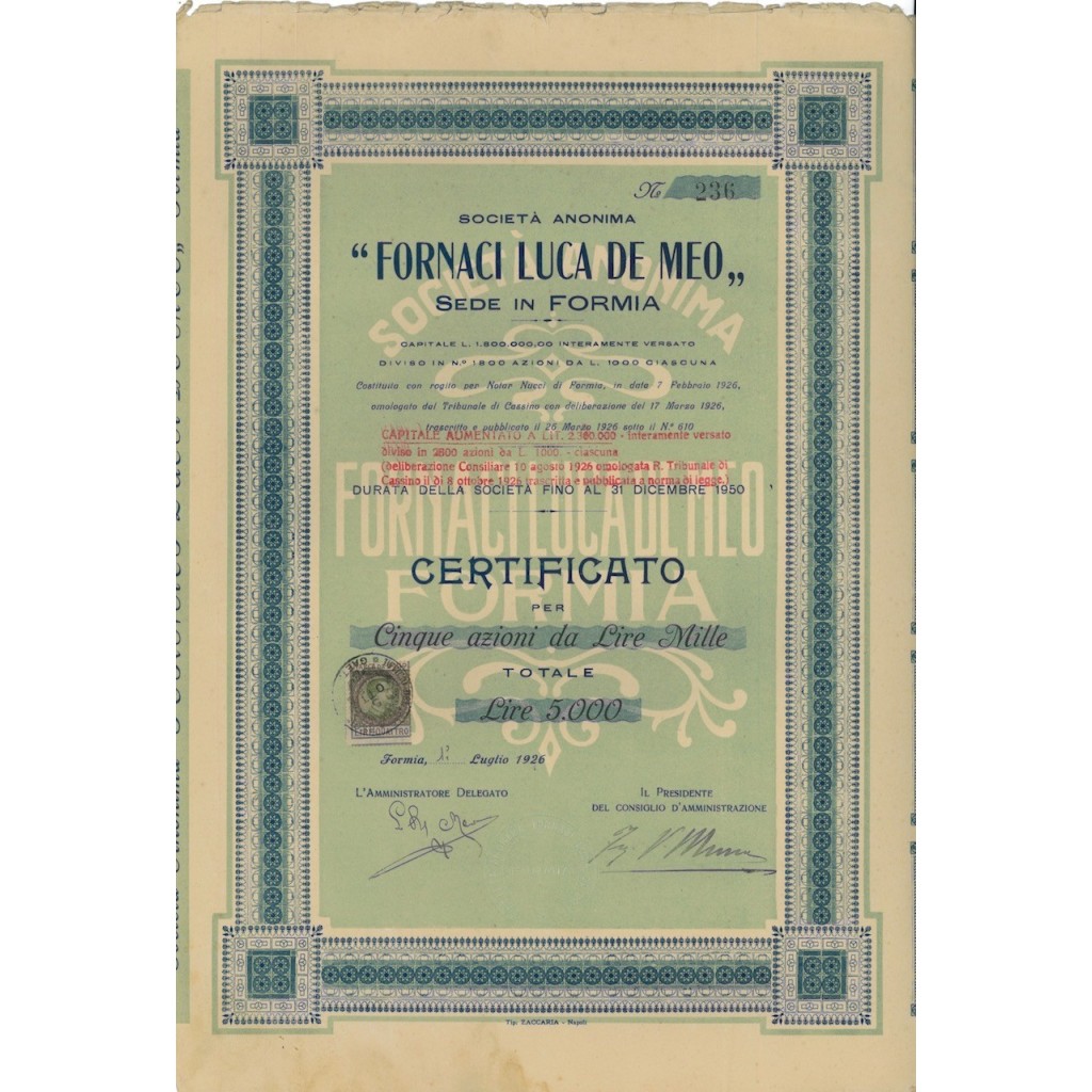 FORNACI LUCA DE MEO SOC. ANON. - 5 AZIONI FORMIA 1926