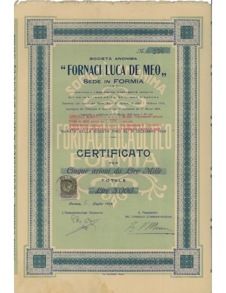 FORNACI LUCA DE MEO SOC. ANON. - 5 AZIONI FORMIA 1926