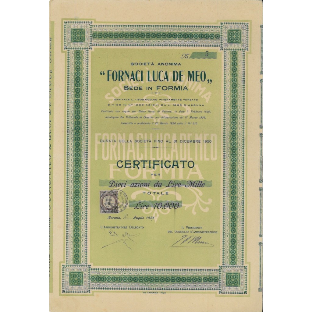 FORNACI LUCA DE MEO SOC. ANON. - 10 AZIONI FORMIA 1926