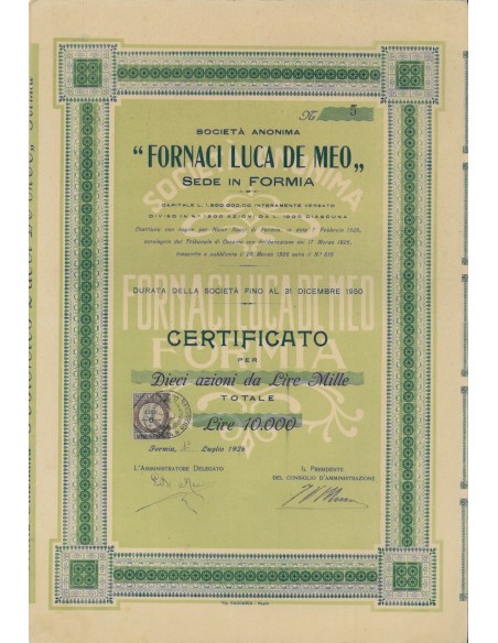 FORNACI LUCA DE MEO SOC. ANON. - 10 AZIONI FORMIA 1926