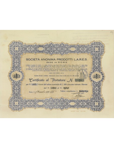 SOC. ANON. PRODOTTI L.A.R.E.S. - 10 AZIONI ROMA 1939