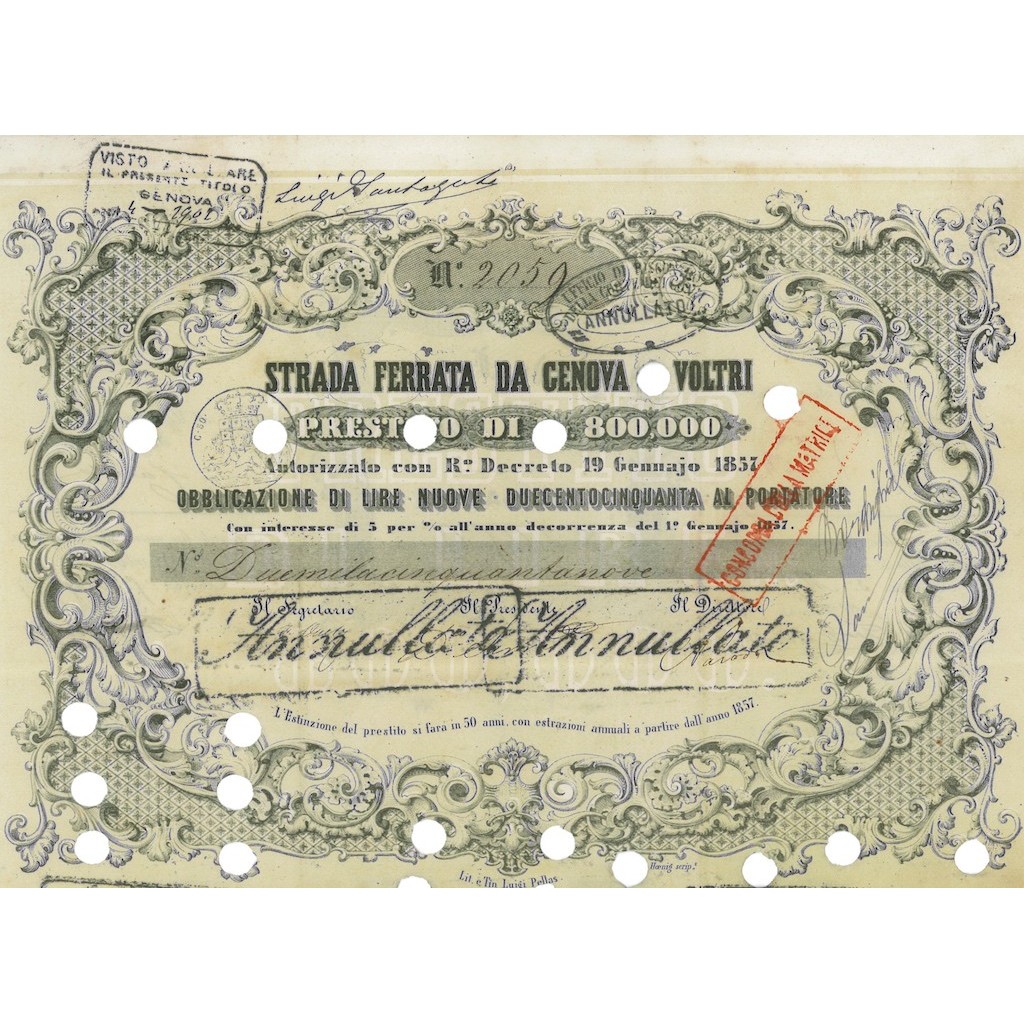 STRADA FERRATA GENOVA VOLTRI 1 OBBLIGAZIONE GENOVA 1857