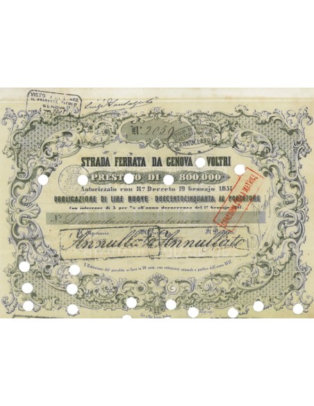 STRADA FERRATA GENOVA VOLTRI 1 OBBLIGAZIONE GENOVA 1857
