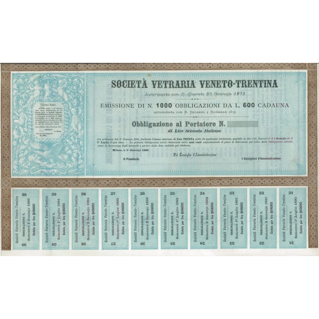 SOC. VETRARIA VENETO-TRENTINA 1000 OBBLIG. MILANO 1880