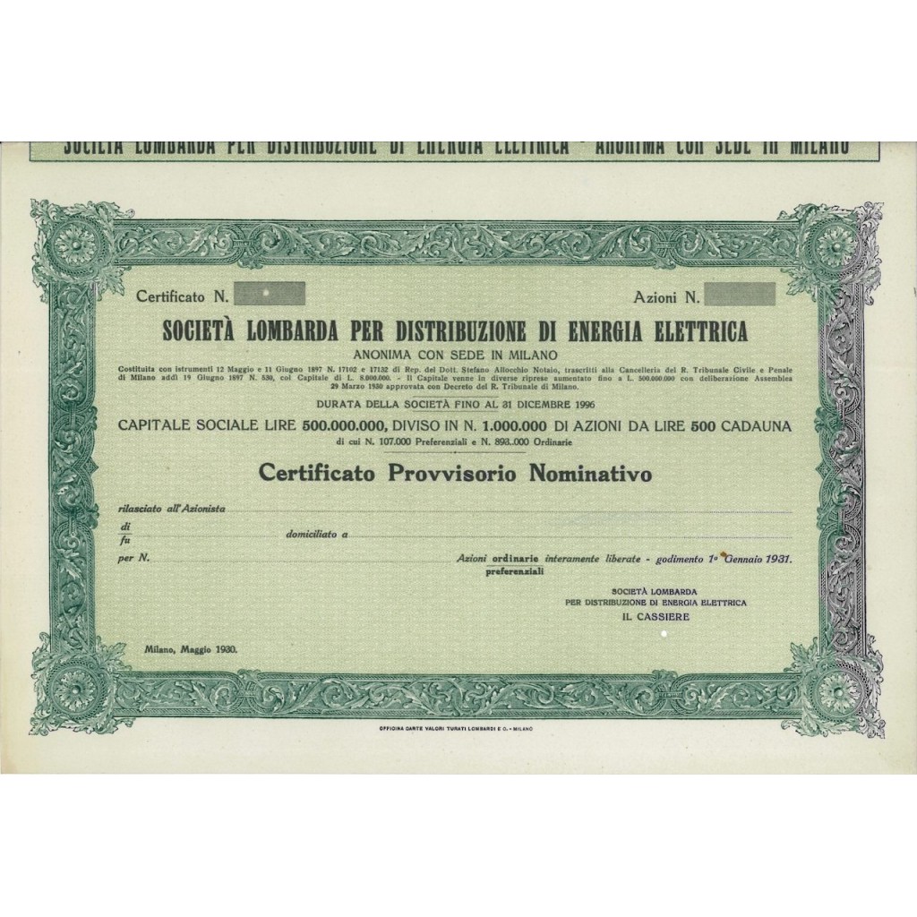 SOC. LOMBARDA PER DISTRIBUZ. ENERGIA ELETTRICA AZIONI MILANO 1930