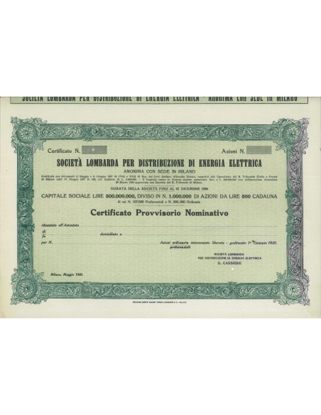 SOC. LOMBARDA PER DISTRIBUZ. ENERGIA ELETTRICA AZIONI MILANO 1930