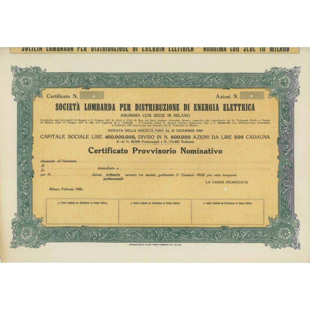 SOC. LOMBARDA PER DISTRIBUZ. ENERGIA ELETTRICA AZIONI MILANO 1930