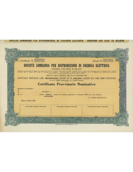 SOC. LOMBARDA PER DISTRIBUZ. ENERGIA ELETTRICA AZIONI MILANO 1930