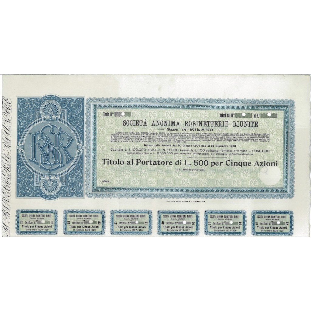 SOC. ANON. ROBINETTERIE RIUNITE - 5 AZIONI MILANO 1907