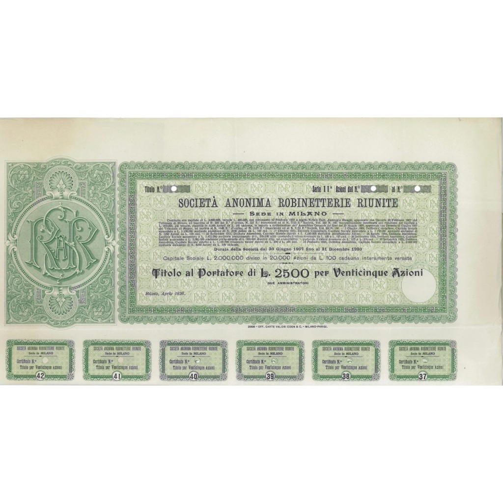 SOC. ANON. ROBINETTERIE RIUNITE - 25 AZIONI MILANO 1926