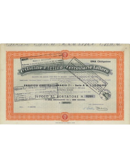 OFF. ELETTRO-FERROVIARIE TALLERO - 1 OBBLIGAZIONE MILANO 1951