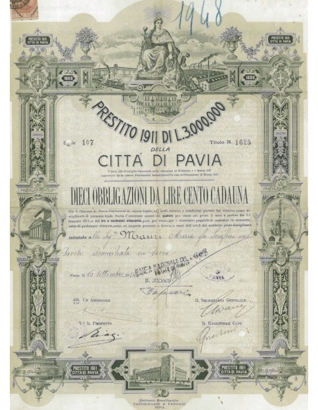 CITTA' DI PAVIA 10 OBBLIGAZIONI DA LIRE 100 CADAUNA 1924
