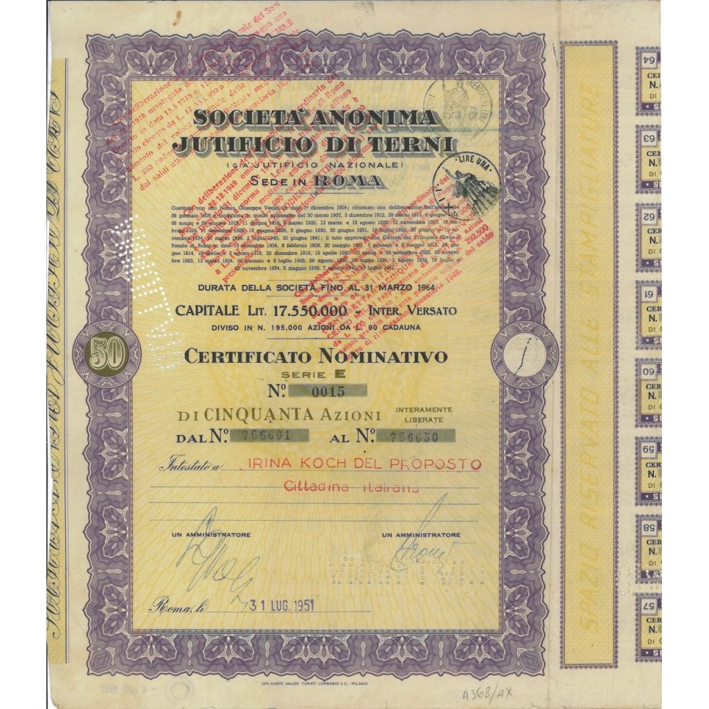 SOC. ANON. JUTIFICIO DI TERNI - 50 AZIONI ROMA 1951