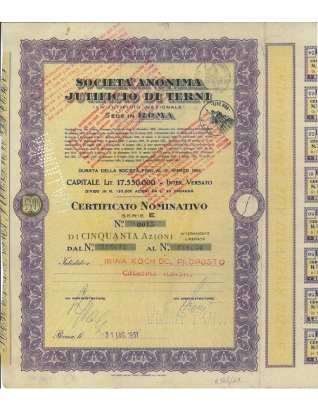 SOC. ANON. JUTIFICIO DI TERNI - 50 AZIONI ROMA 1951