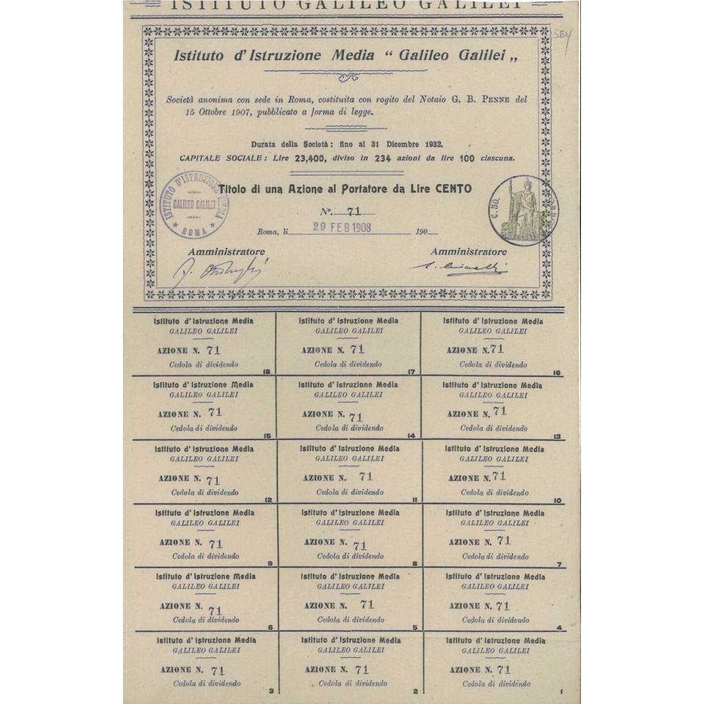 ISTITUTO D'ISTRUZIONE MEDIA GALILEO GALILEI - 1 AZIONE ROMA 1908