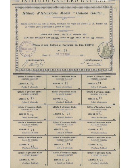ISTITUTO D'ISTRUZIONE MEDIA GALILEO GALILEI - 1 AZIONE ROMA 1908