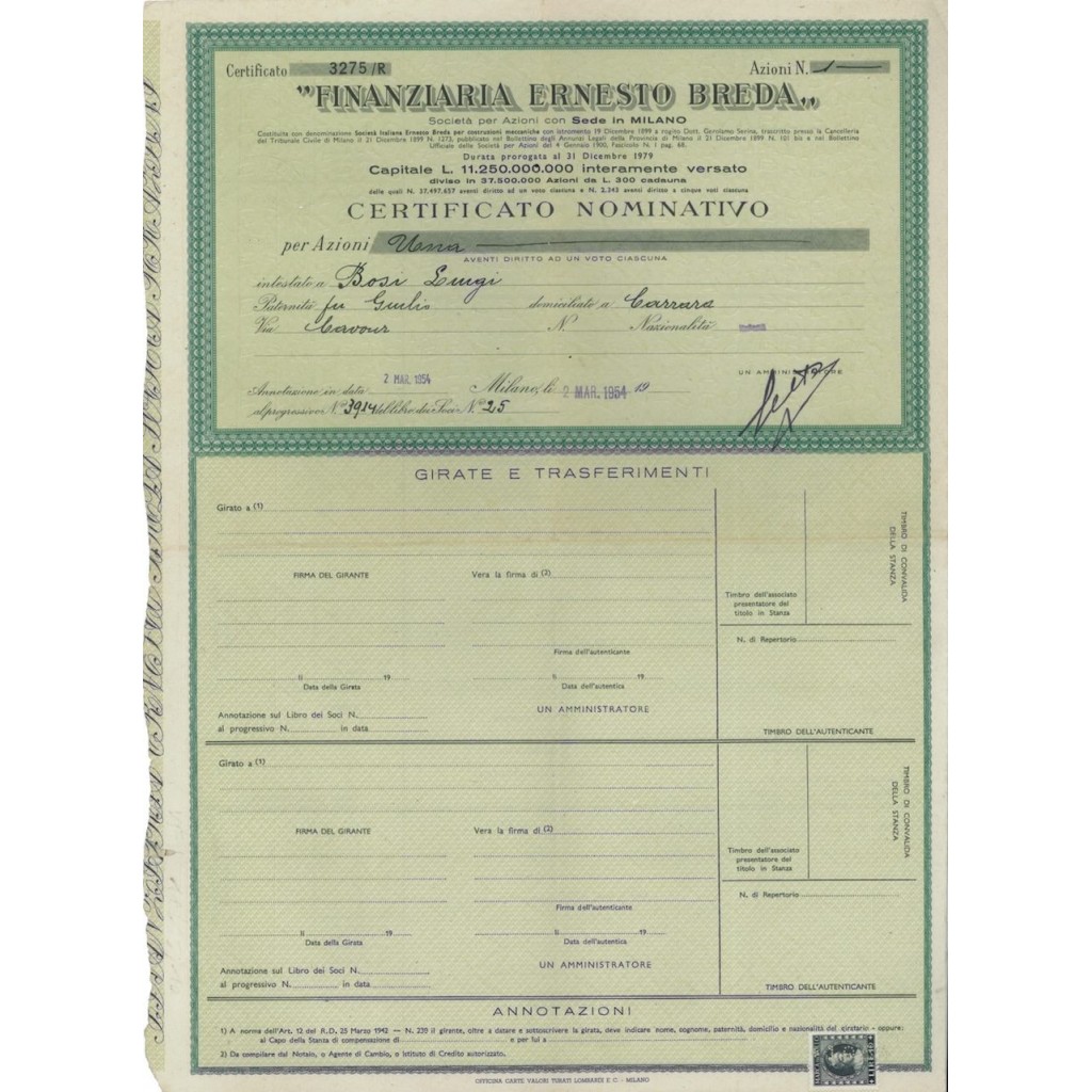 FINANZIARIA ERNESTO BREDA - UNA AZIONE MILANO 1954