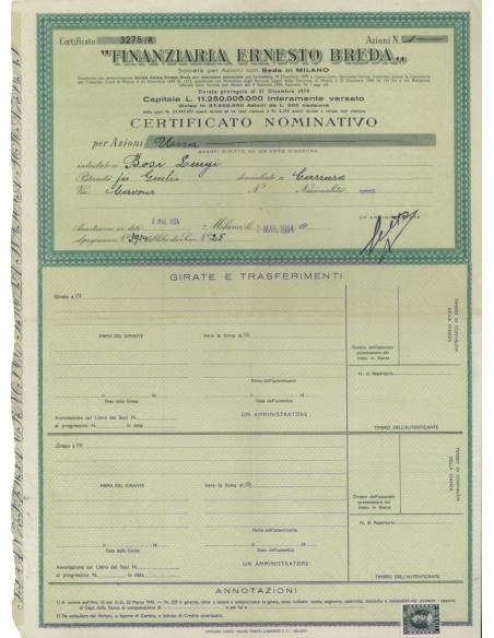 FINANZIARIA ERNESTO BREDA - UNA AZIONE MILANO 1954