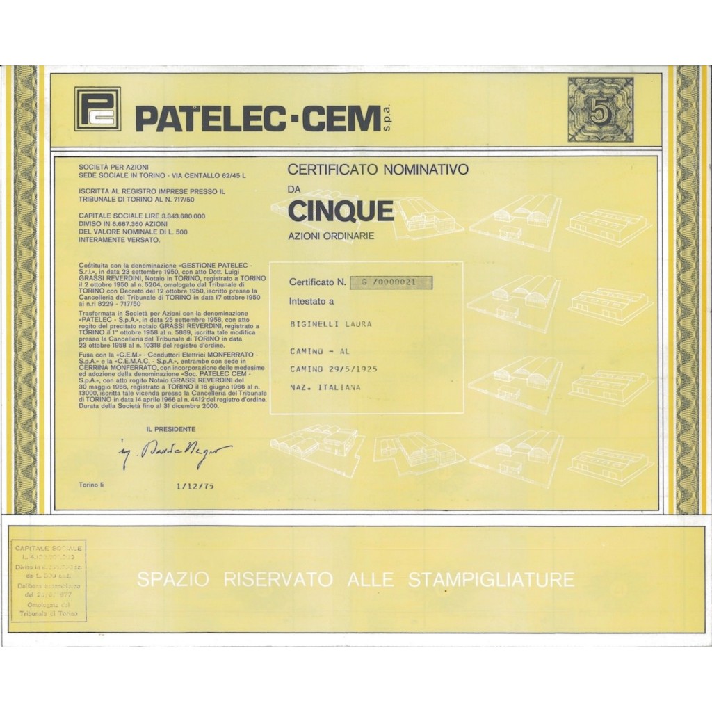 PATELEC-CEM 5 AZIONI TORINO 1975