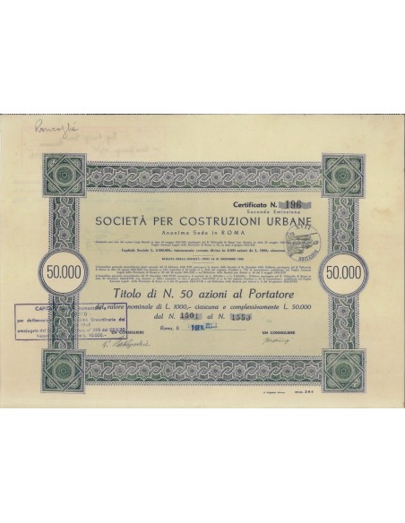 SOC. PER COSTRUZIONI URBANE 50 AZIONI ROMA 1940