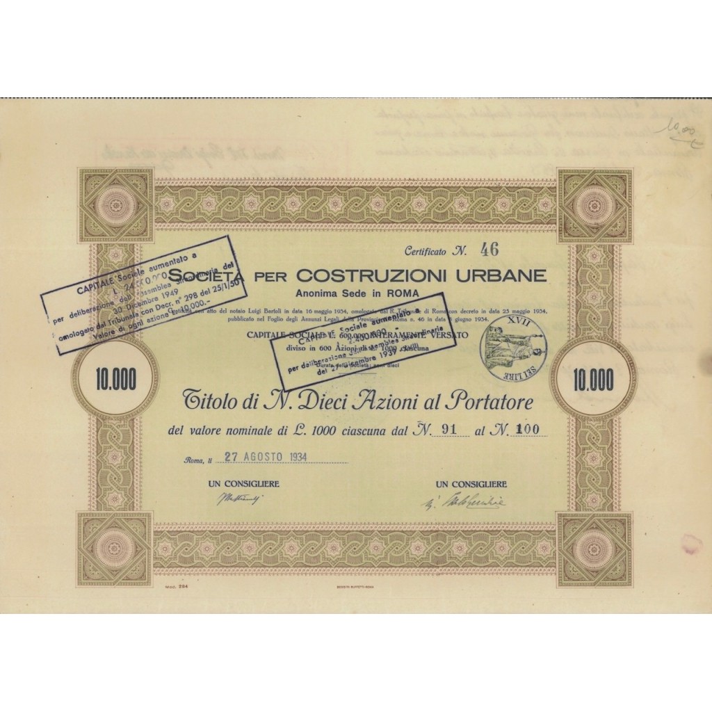 SOC. PER COSTRUZIONI URBANE 10 AZIONI ROMA 1934