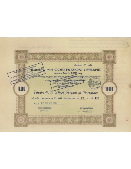 SOC. PER COSTRUZIONI URBANE 10 AZIONI ROMA 1934