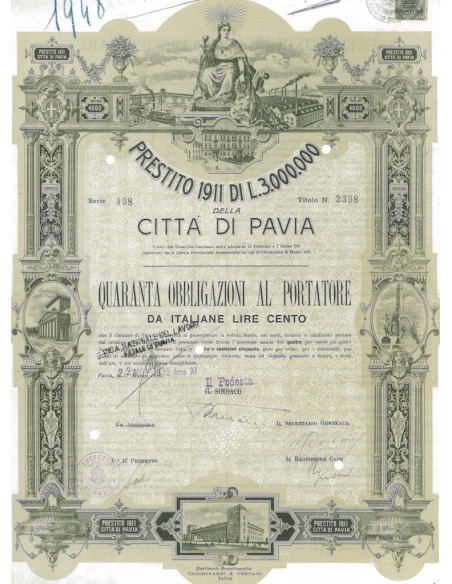 CITTA' DI PAVIA 40 OBBLIGAZIONI AL PORTATORE 1932