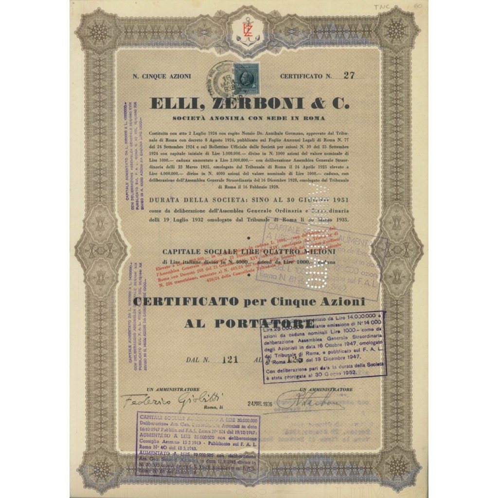 ELLI ZERBONI E C. - 5 AZIONI ROMA 1936