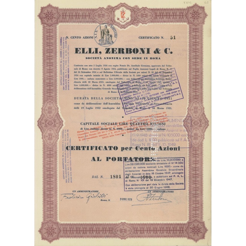 ELLI ZERBONI E C. - 100 AZIONI ROMA 1936