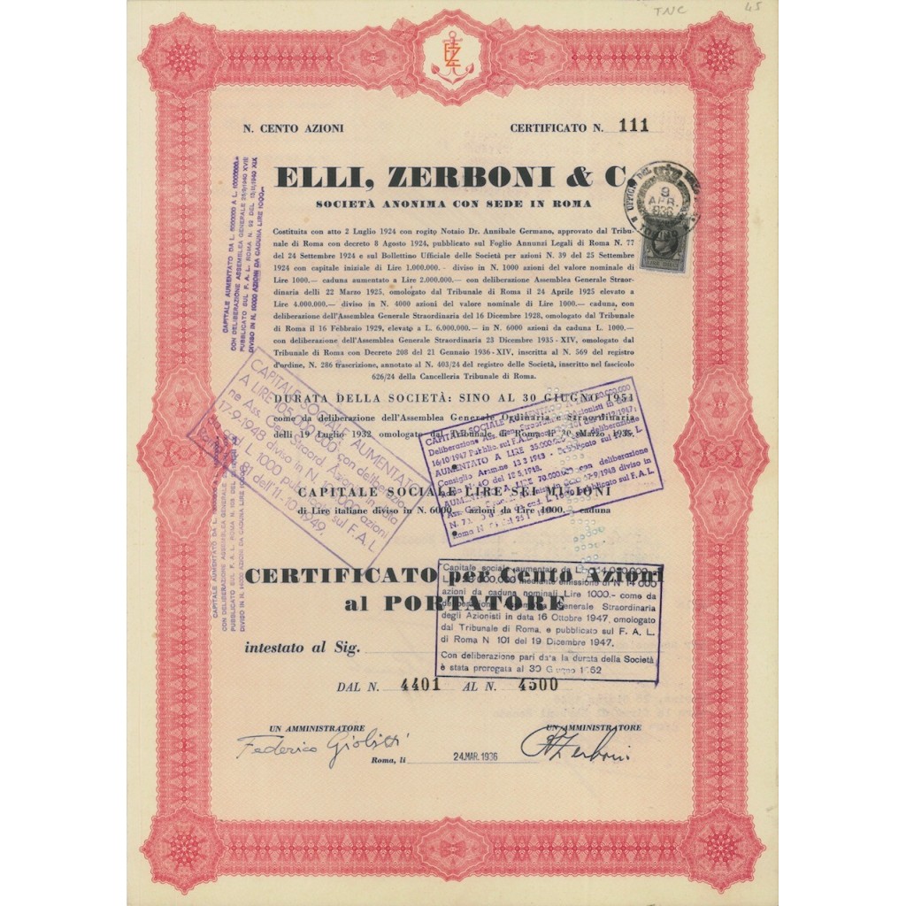ELLI ZERBONI E C. - 100 AZIONI ROMA 1936